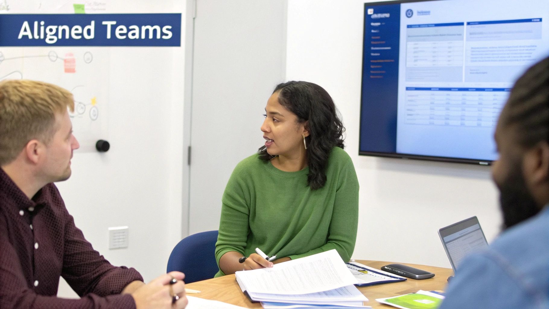 A woman speaks during a business meeting with colleagues and a large data screen about account based marketing.
