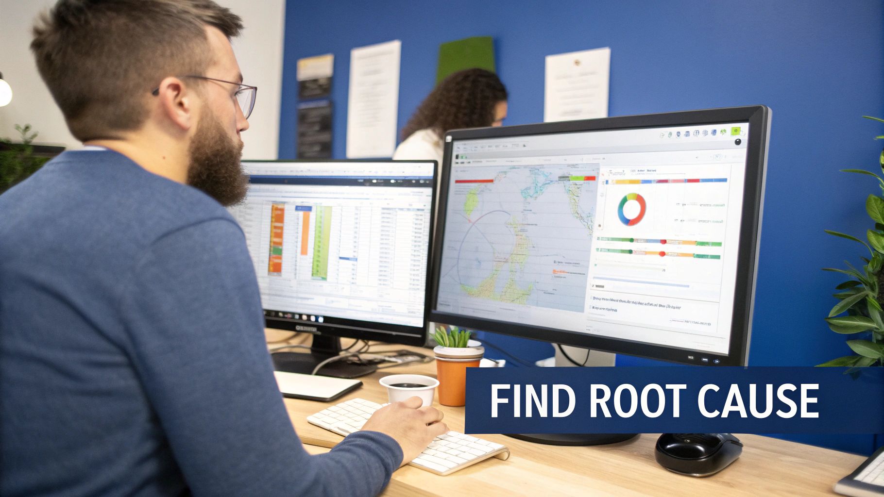 Man with beard and glasses analyzing data on dual monitors in an office.