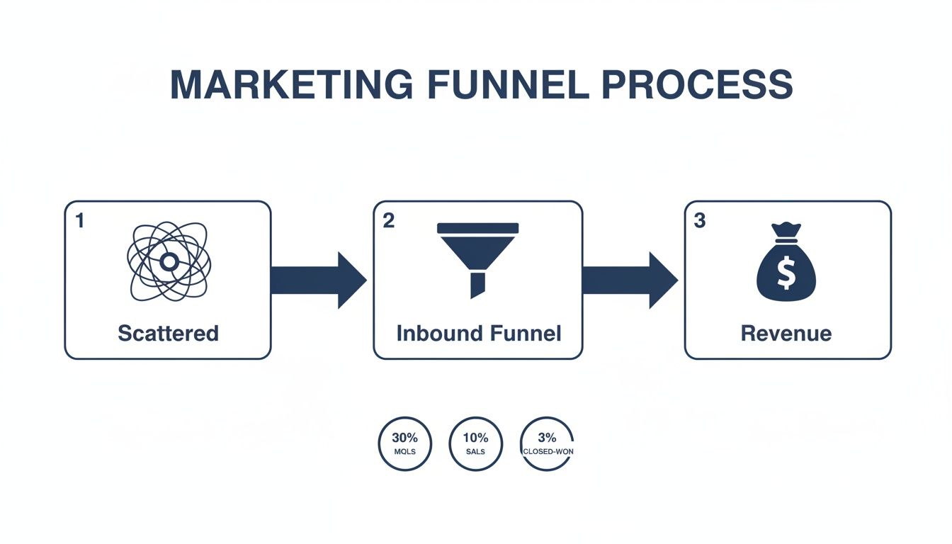 Inbound marketing funnel process diagram showing lead conversion stages to generate revenue.