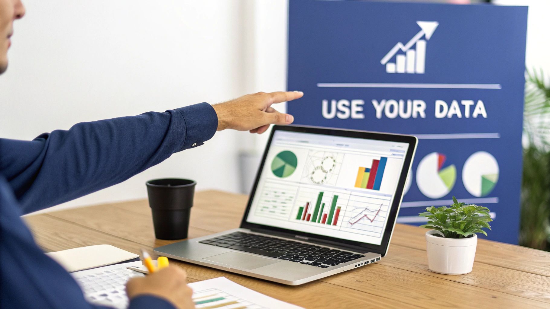 Man pointing at a laptop screen showing business data visualizations, with 'Use Your Data' banner.