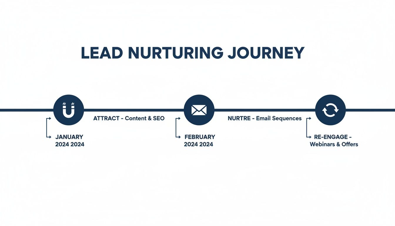 Lead nurturing journey timeline showing attract, nurture, and re-engage stages with activities and months.