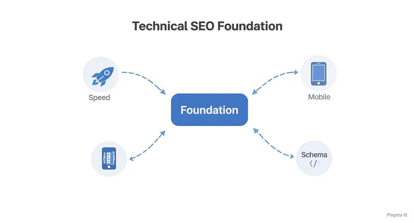 An infographic demonstrating the Technical SEO Foundation, emphasizing speed, mobile experience, and schema markup.