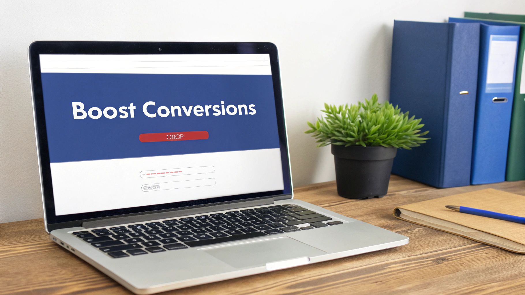 A laptop displaying 'Boost Conversions' on its screen, placed on a wooden desk with office items.