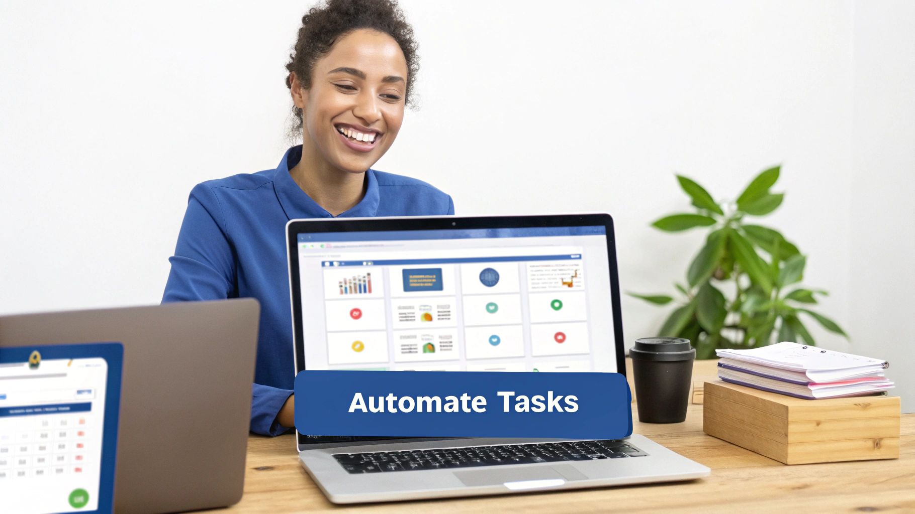 A cheerful woman views a laptop screen featuring a business dashboard and "Automate Tasks" text for Sales Pipeline Management 