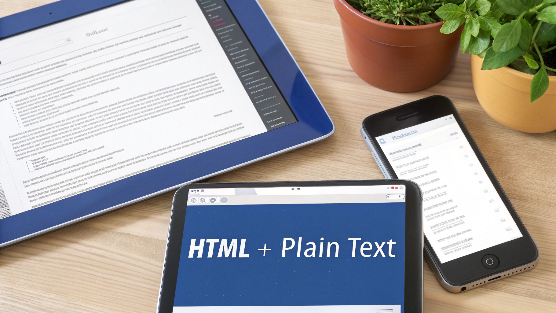 Multiple electronic devices, including tablets and a smartphone, displaying text, HTML, and email content.