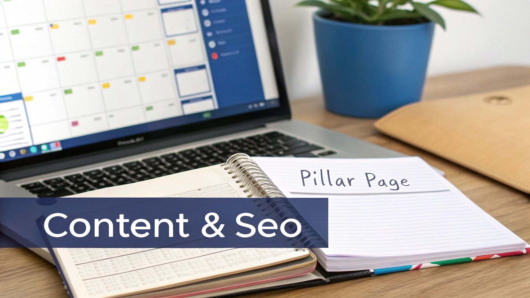 Desk with laptop displaying content calendar, notebooks, text 'Content & Seo' and 'Pillar Page'.