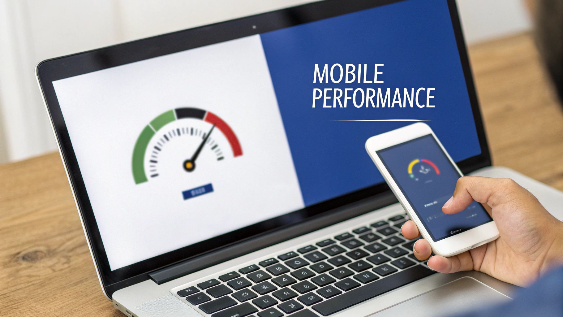 A person holding a smartphone while a laptop screen displays 'MOBILE PERFORMANCE' and speed gauges.