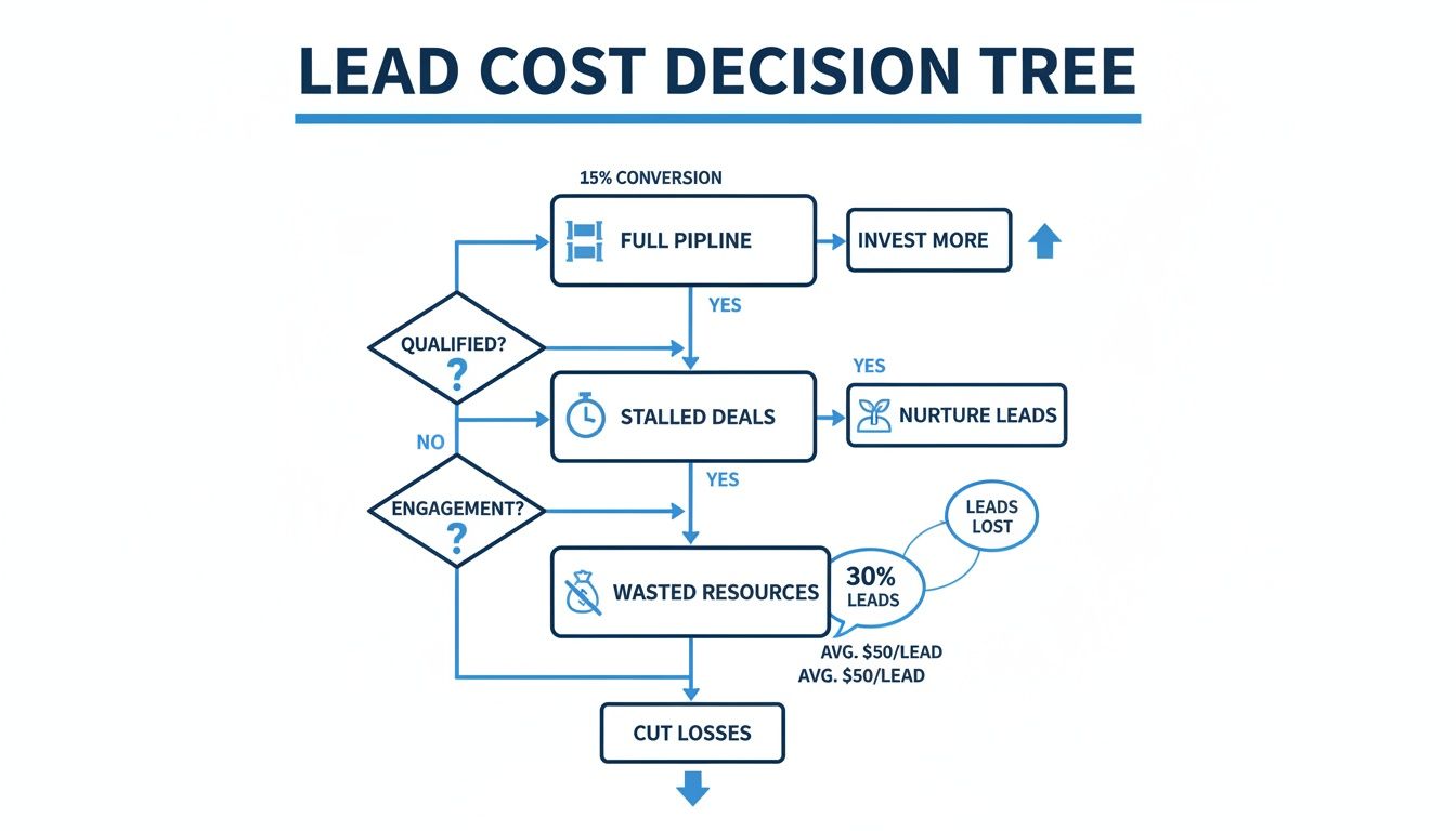 A lead cost decision tree flowchart illustrating actions for qualified, stalled, and engaged leads.