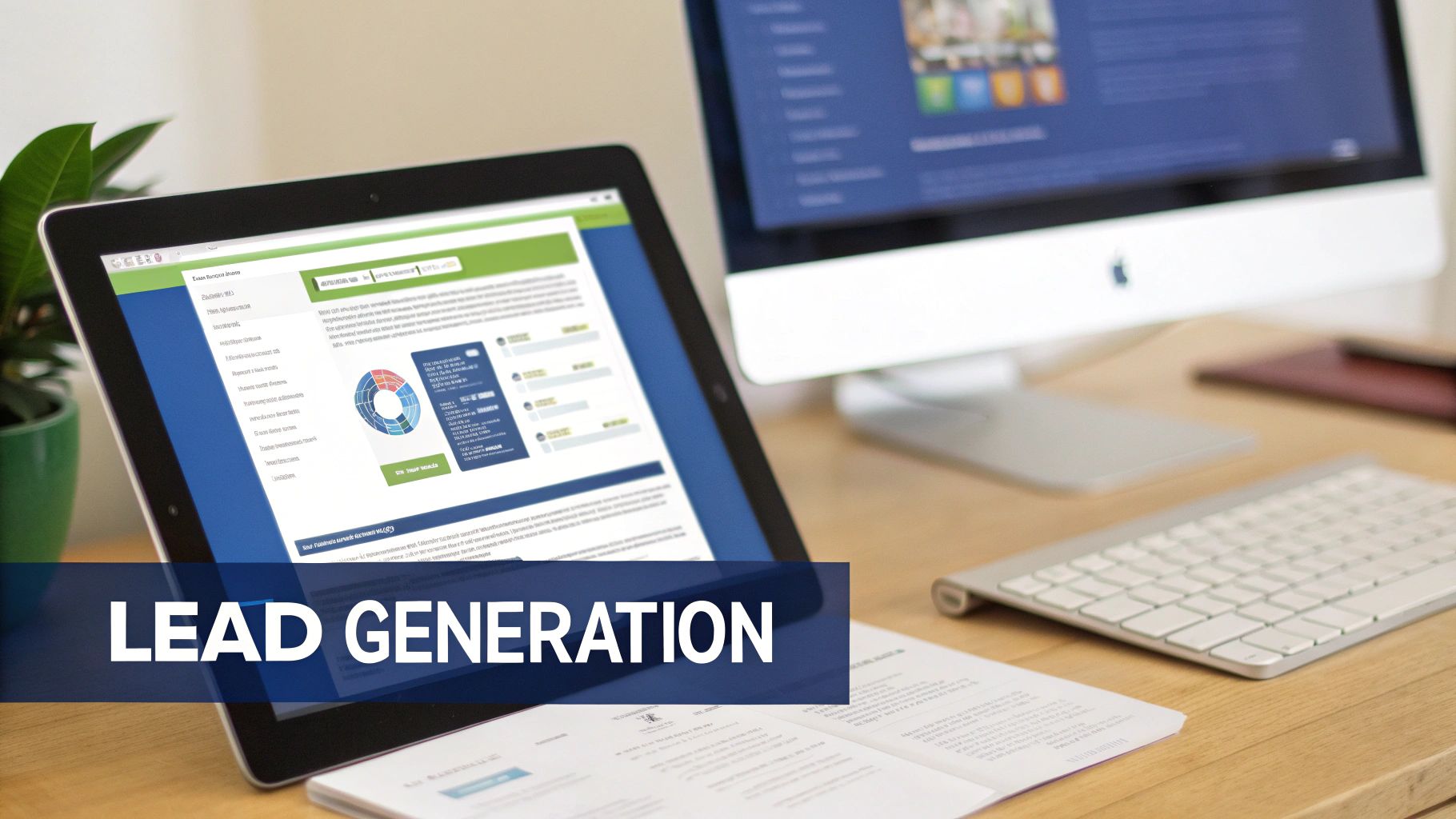 Digital workspace with a tablet displaying lead generation data, a desktop computer, and documents.