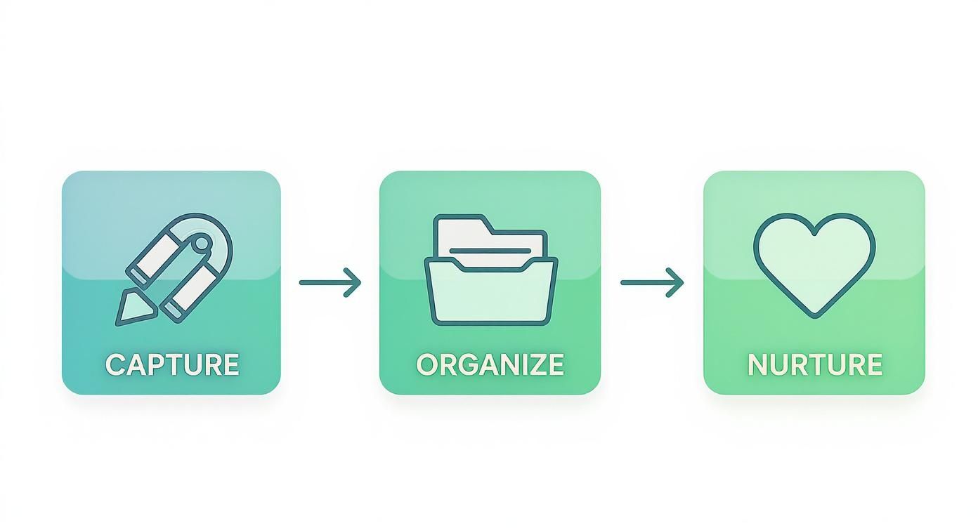 A three-step diagram illustrating a process: Capture (magnet), Organize (folder), and Nurture (heart).