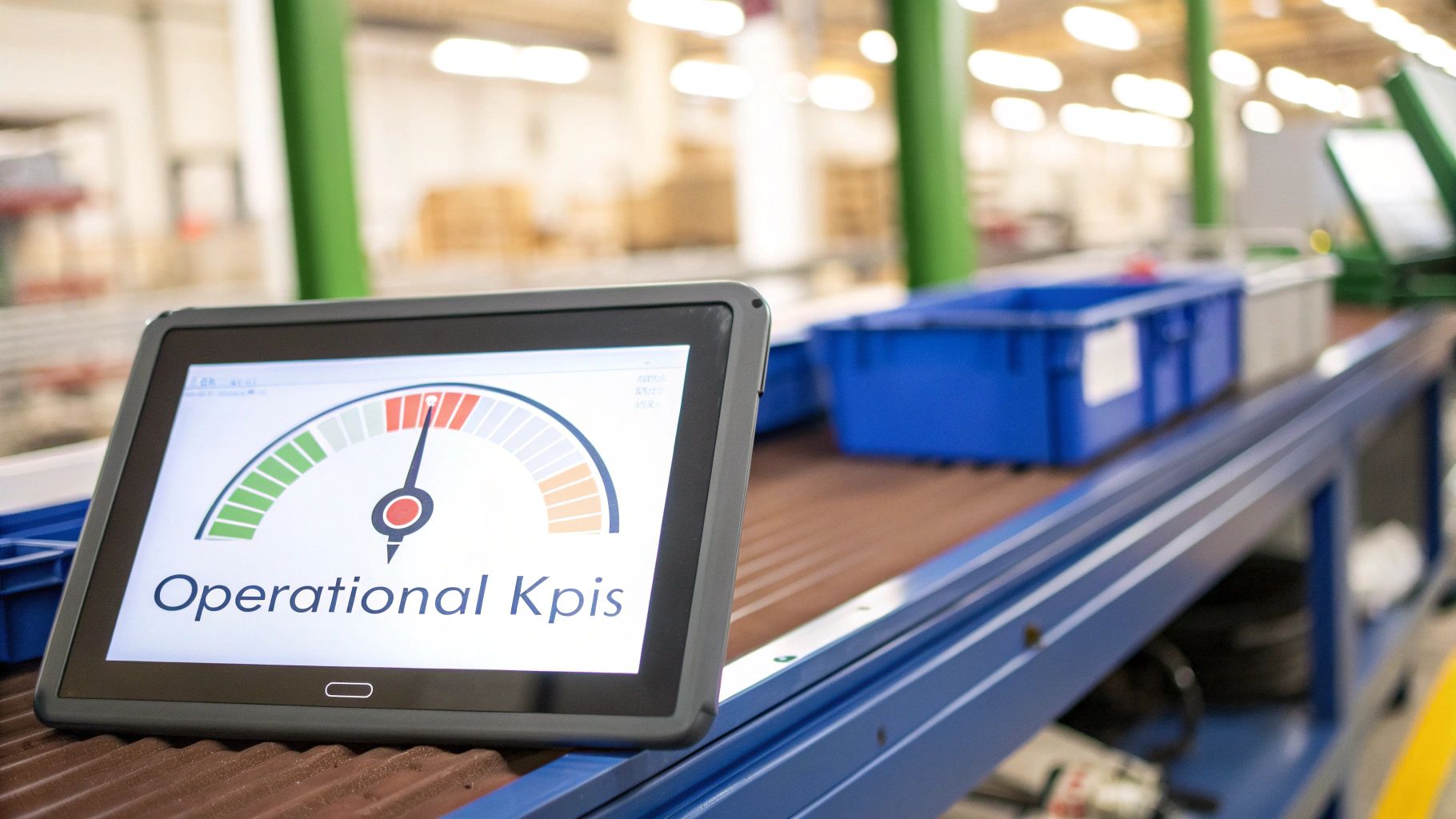 A tablet displays 'Operational Kpis' on a gauge, showing performance metrics on a conveyor belt in a factory.