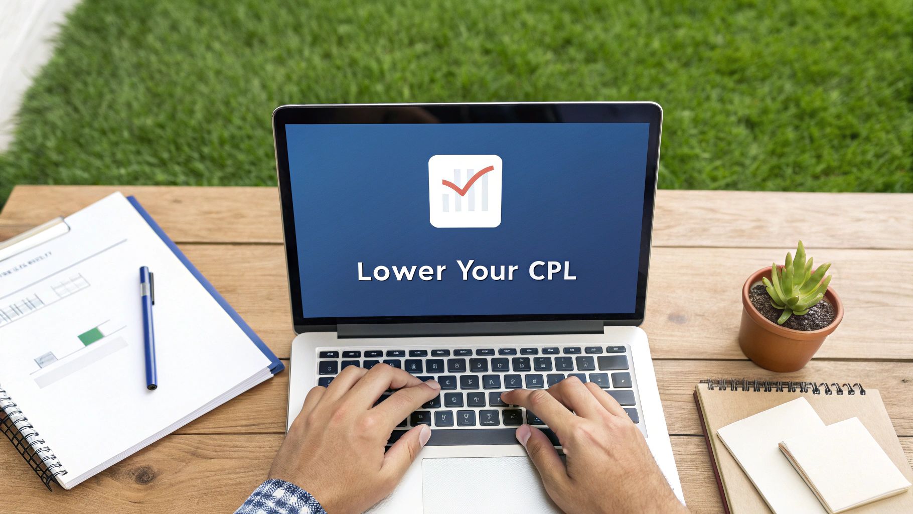 Hands typing on a laptop displaying 'Lower Your CPL' with a graph icon, surrounded by office items on a wooden table.