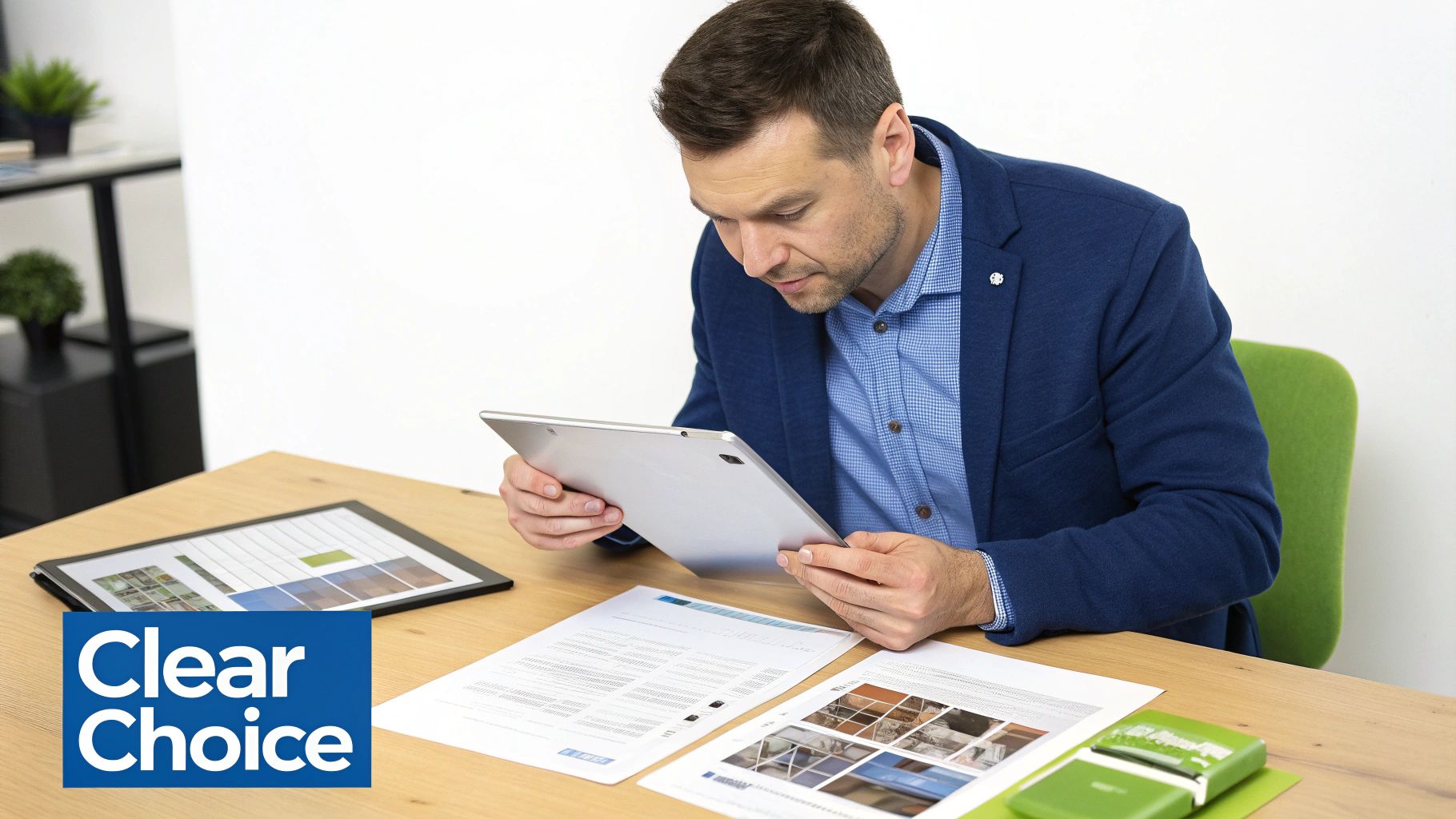 A focused man in a blue jacket reviews information on a silver tablet at a wooden desk.