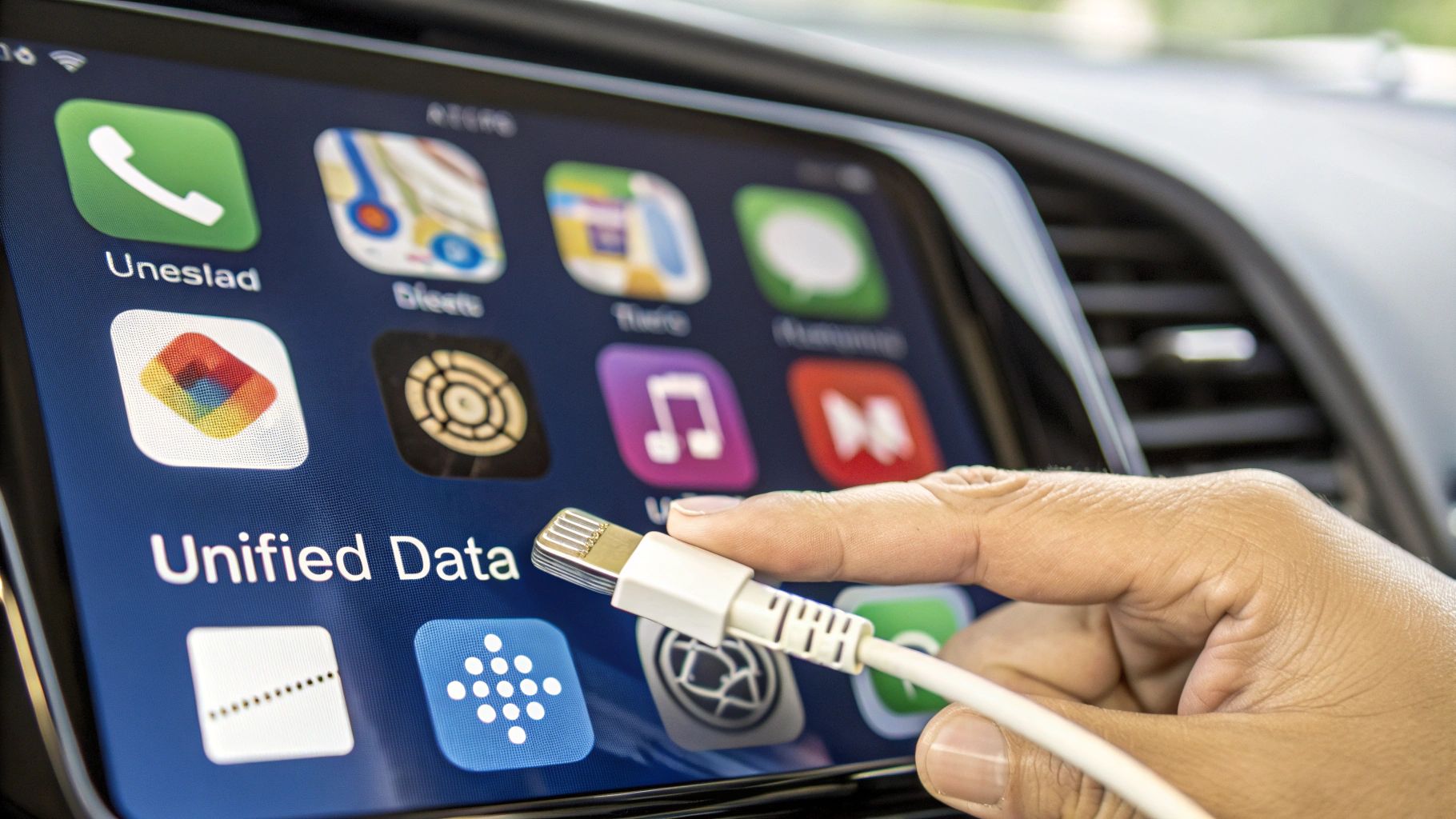 Hand connecting a white USB cable to a car infotainment system displaying various app icons.