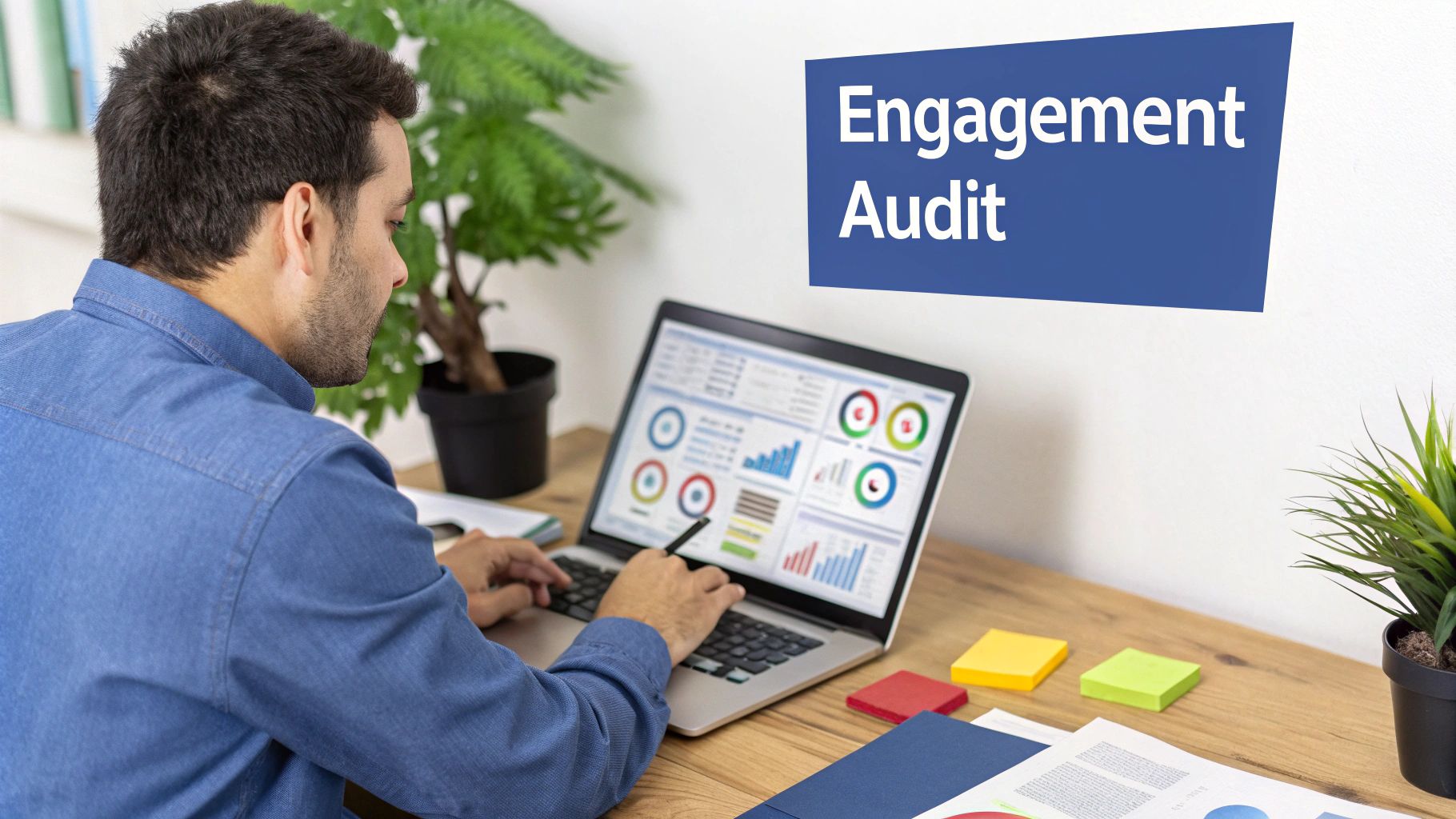 A man in a denim shirt working on a laptop displaying charts and an 'Engagement Audit' banner.
