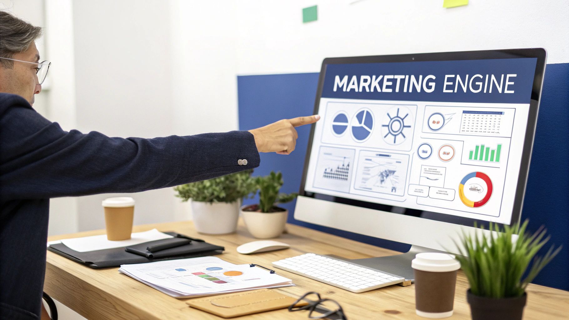 A person points at a computer screen displaying a digital marketing analytics dashboard with charts.