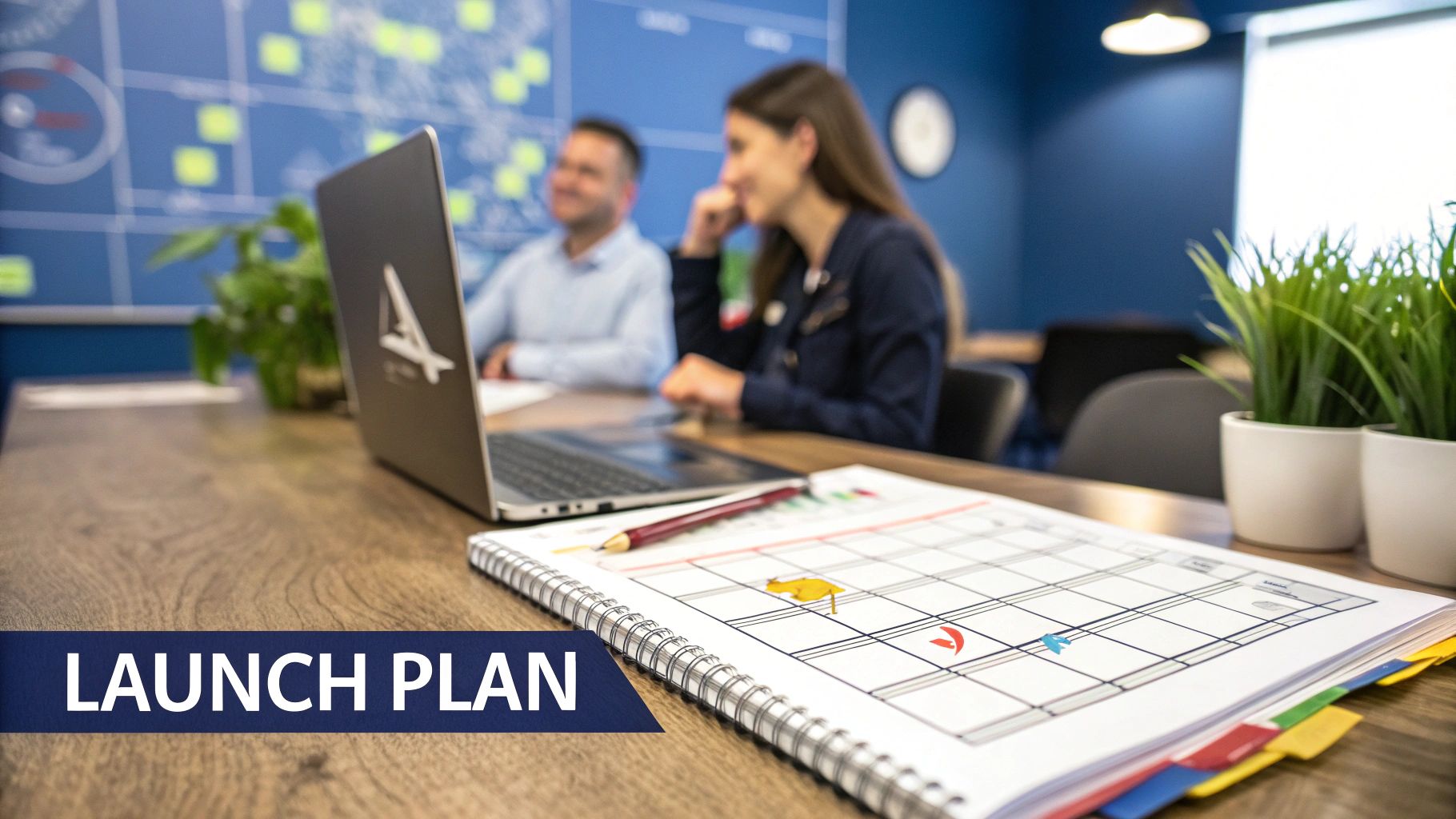 Close-up of a 'LAUNCH PLAN' document and a laptop on a wooden desk with two smiling professionals in a meeting.