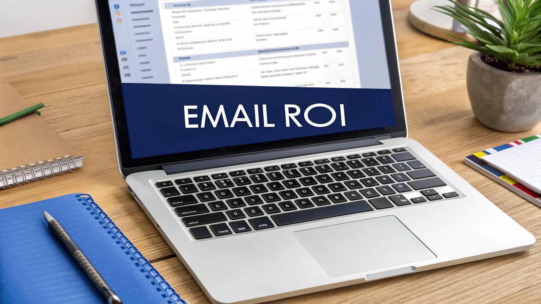 Laptop displaying 'EMAIL ROI' on screen, surrounded by notebooks and a plant on a wooden desk.