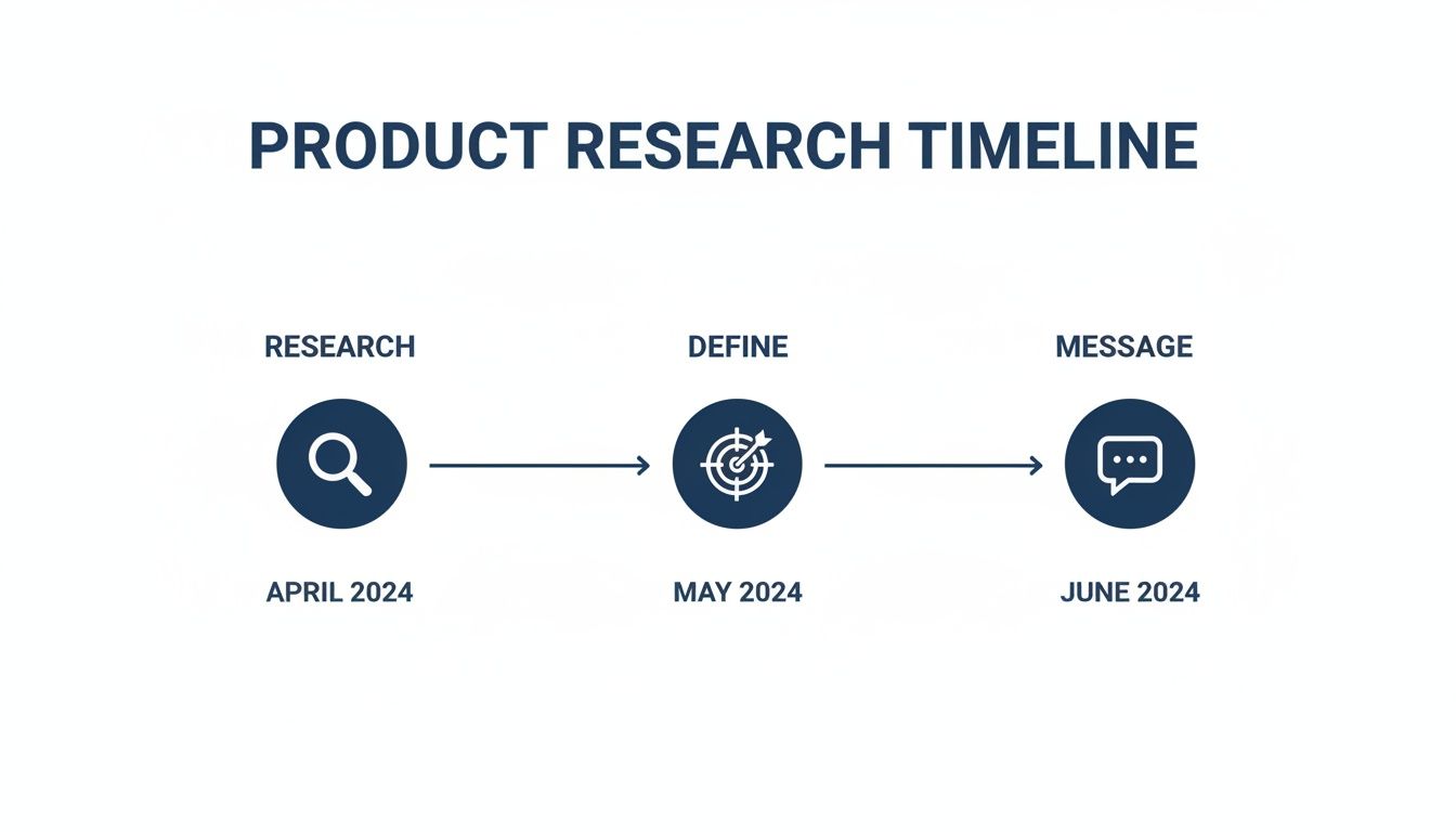 A product research timeline illustrating three stages: research in April, define in May, and message in June 2024.