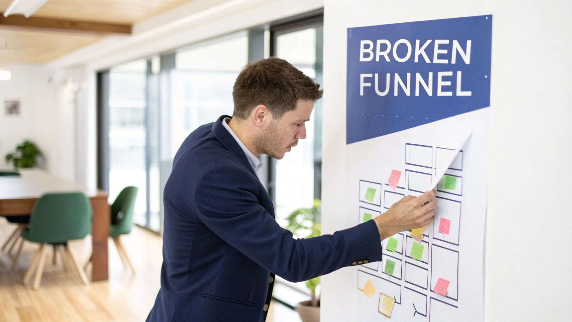 A man in a suit analyzing a 'BROKEN FUNNEL' poster with a process diagram and sticky notes.