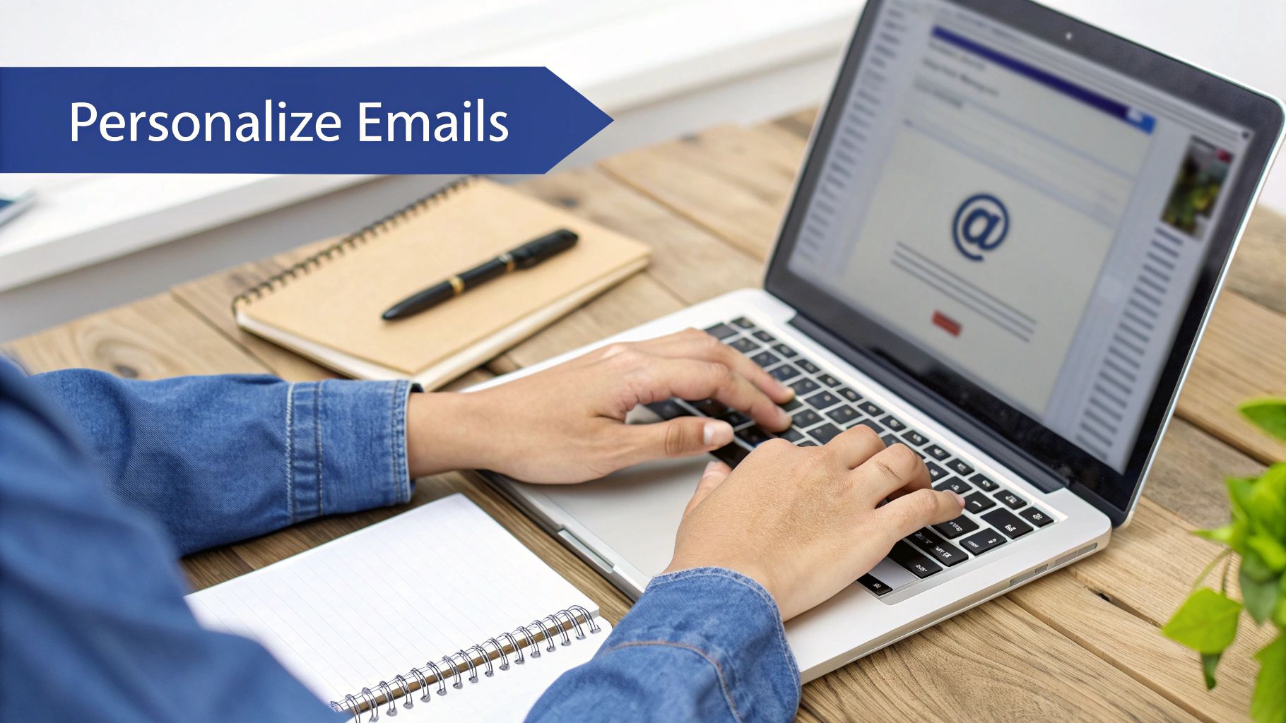 Person typing on a laptop with a 'Personalize Emails' banner, engaged in email marketing.