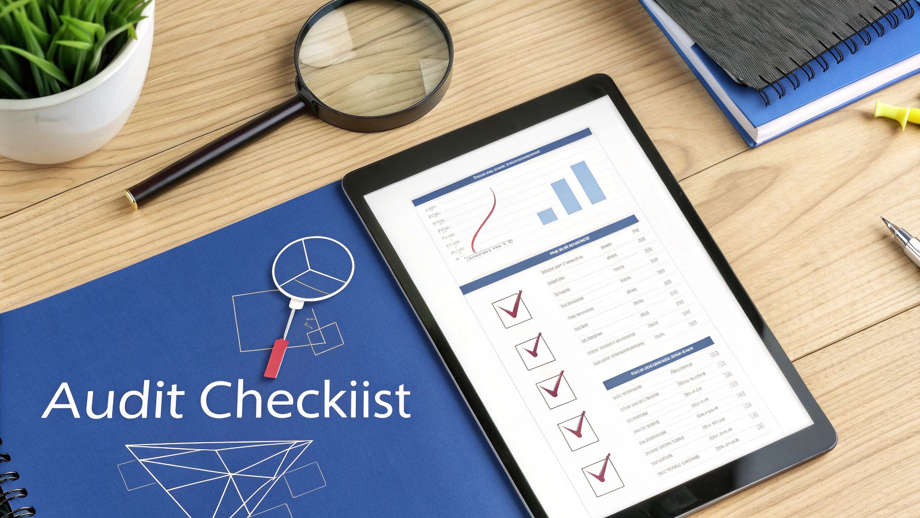 An audit checklist notebook, a tablet displaying financial data and checkmarks, and a magnifying glass on wood.