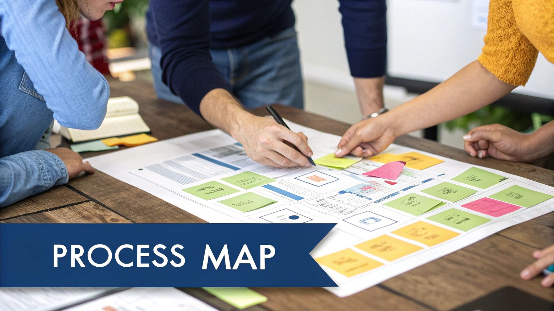 Three people collaborating on a process map with sticky notes and diagrams on a wooden table.