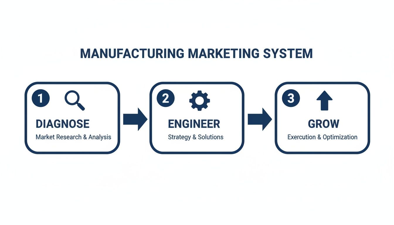 Diagram illustrating the 3-step Manufacturing Marketing System: Diagnose, Engineer, and Grow.