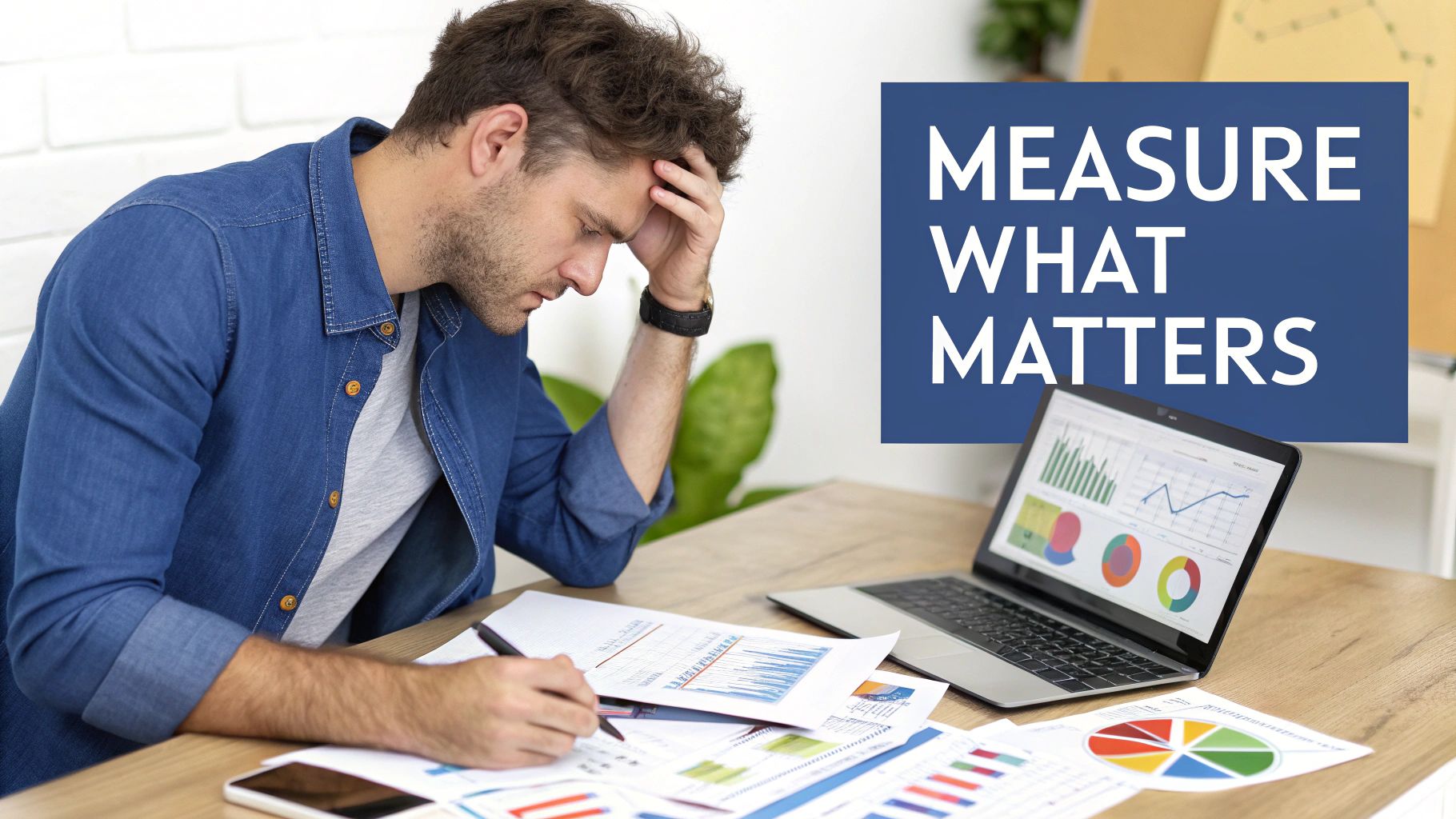 A man looking stressed while analyzing data and charts on a desk with a laptop and a sign "MEASURE WHAT MATTERS".