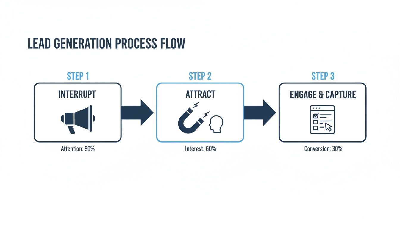 A three-step lead generation process flow diagram: interrupt (90% attention), attract (60% interest), and engage & capture (30% conversion).