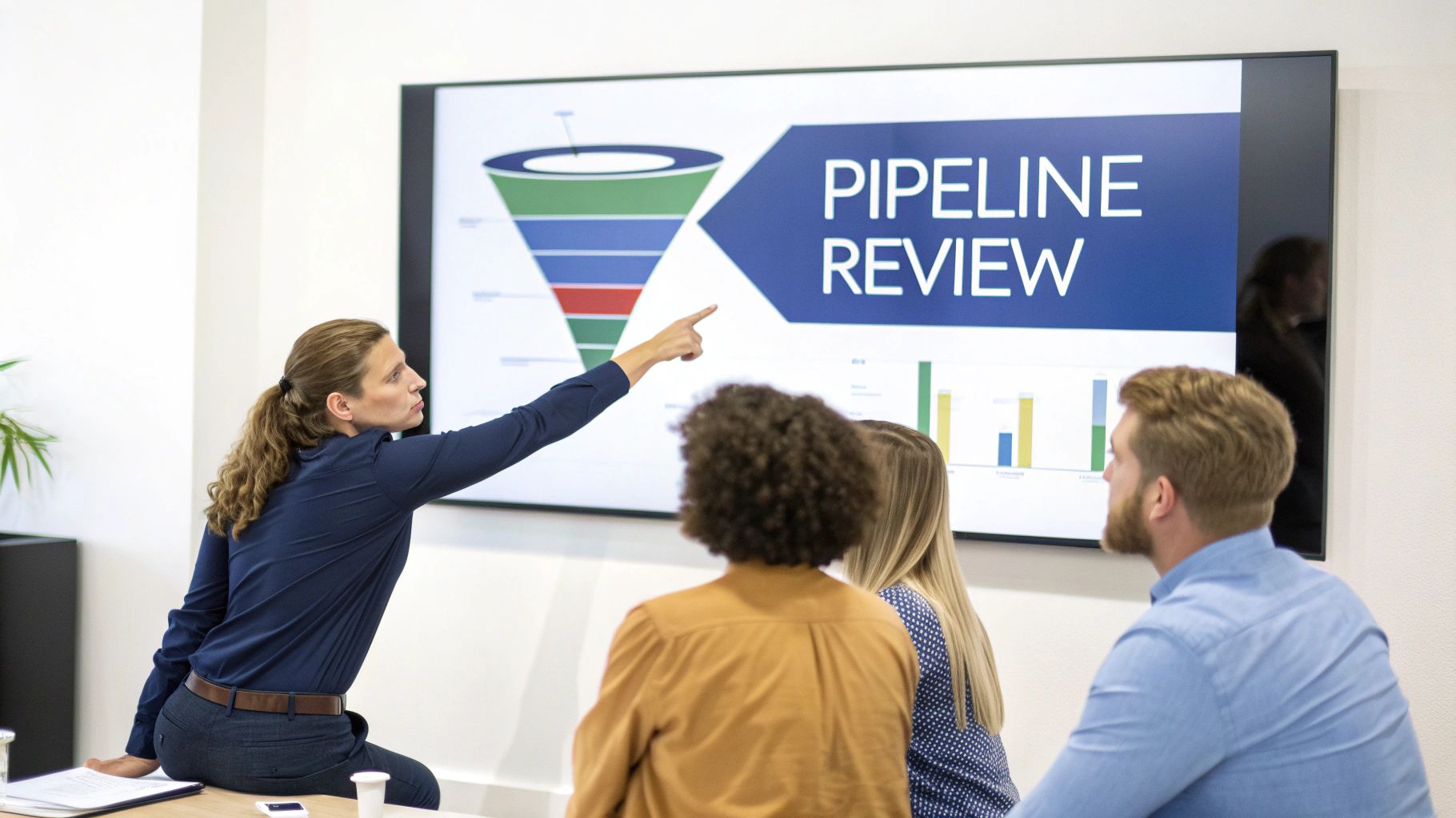 Business professional points to a Sales Pipeline Management on a large screen during a meeting 