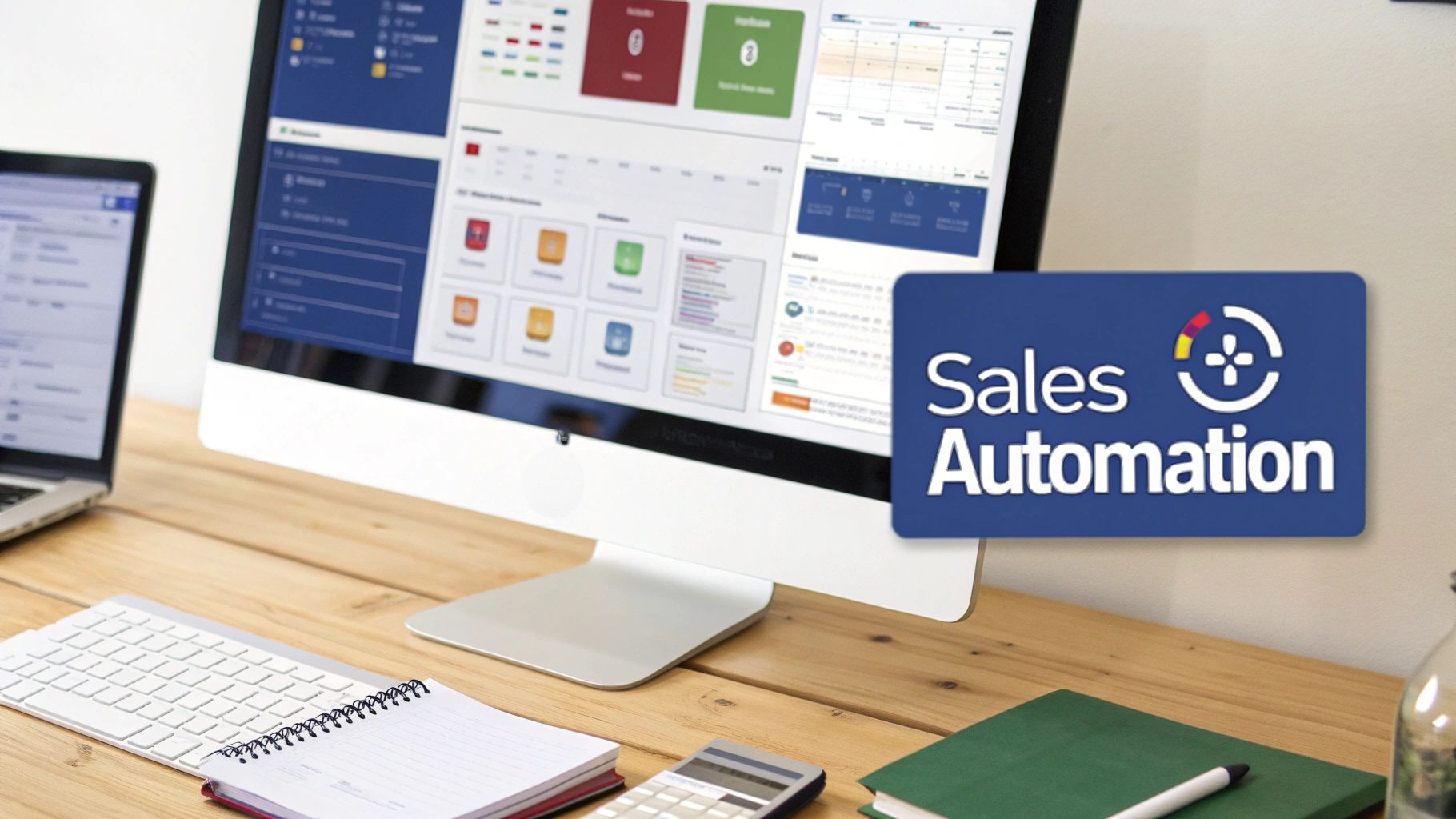 A desk setup with a computer showing a sales automation dashboard and office supplies.