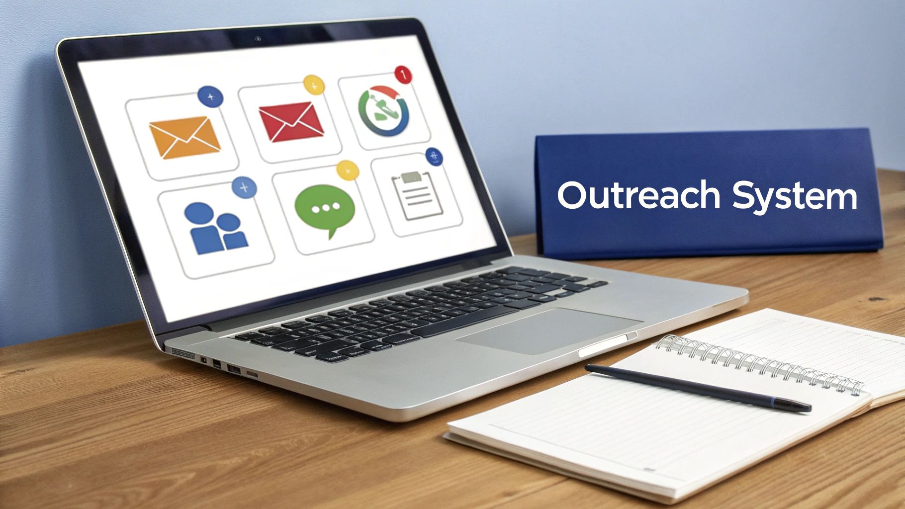 A laptop displaying app icons for communication and tasks, alongside an 'Outreach System' binder and a notebook on a wooden desk.