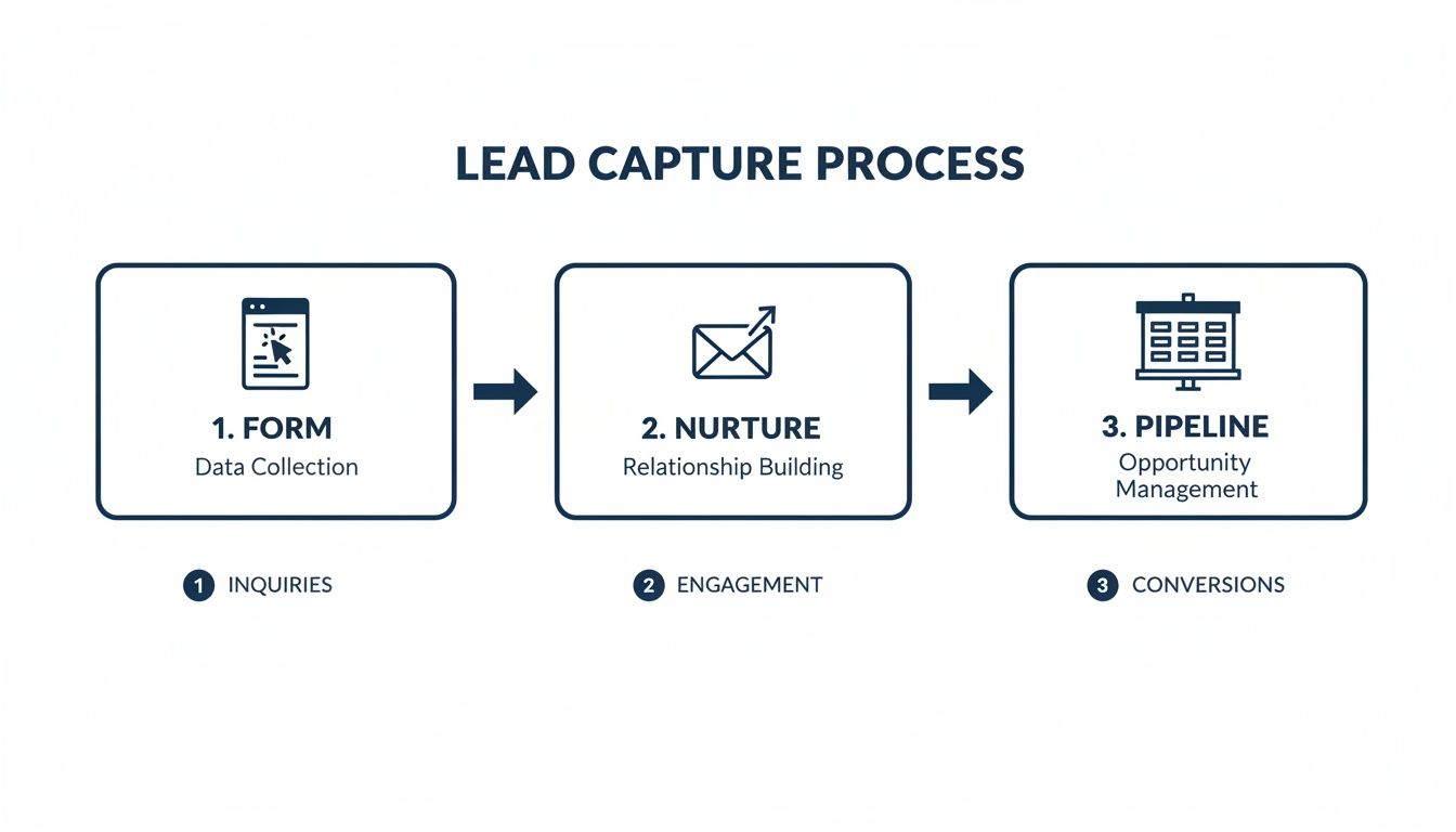 Flowchart of a lead capture process: form data collection, nurturing relationships, and pipeline opportunity management.