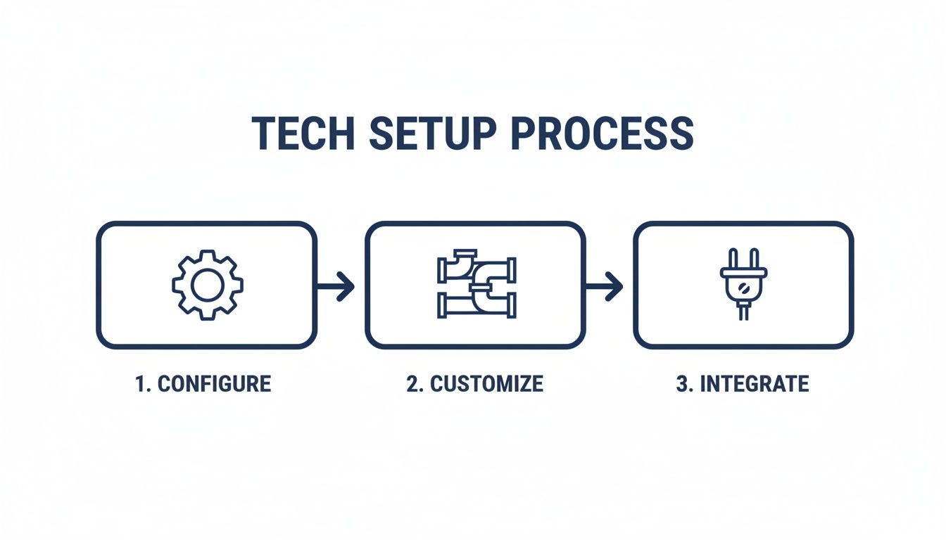 Marketing automation for B2B tech setup process showing configure, customize, and integrate workflow