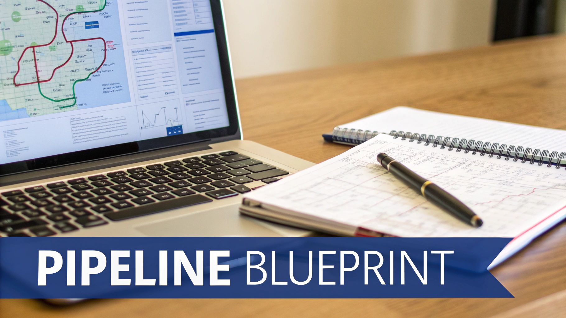 A laptop displays a pipeline map next to a notebook with plans, text reads 'Pipeline Blueprint'.