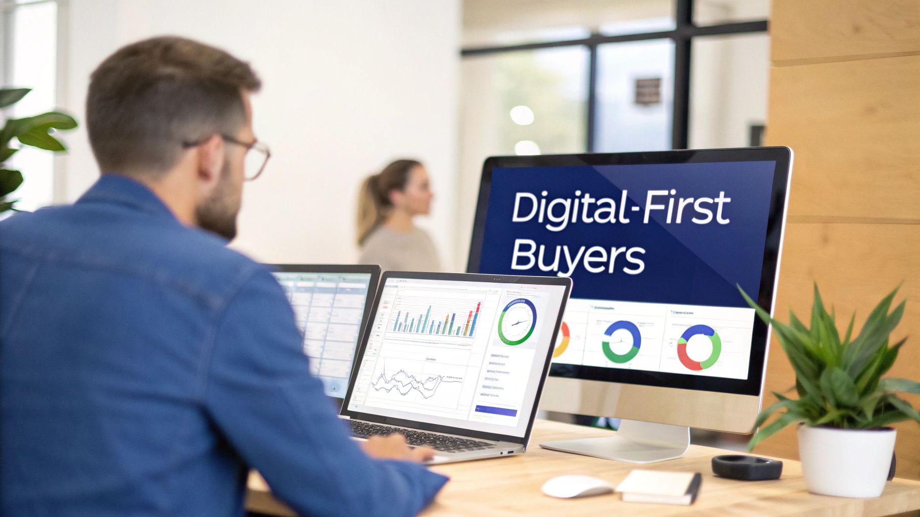 Professional analyzing 'Digital-First Buyers' data on laptop and desktop monitors in an office setting.