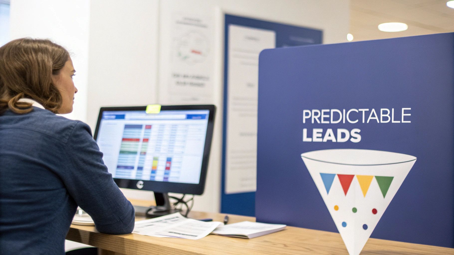 A woman works at a computer, with a display showing 'PREDICTABLE LEADS' and a visual marketing funnel.