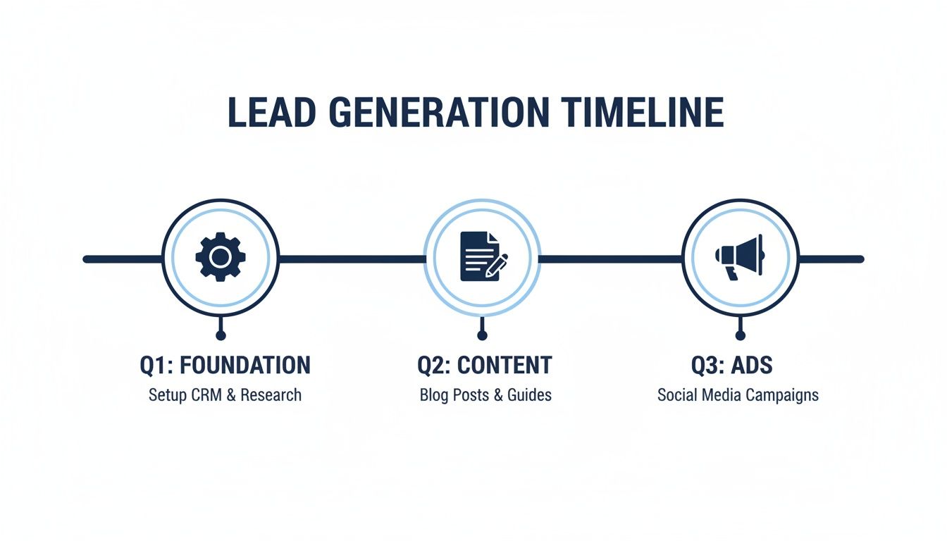 A lead generation timeline visualizes Q1 foundation, Q2 content, and Q3 ads strategies.
