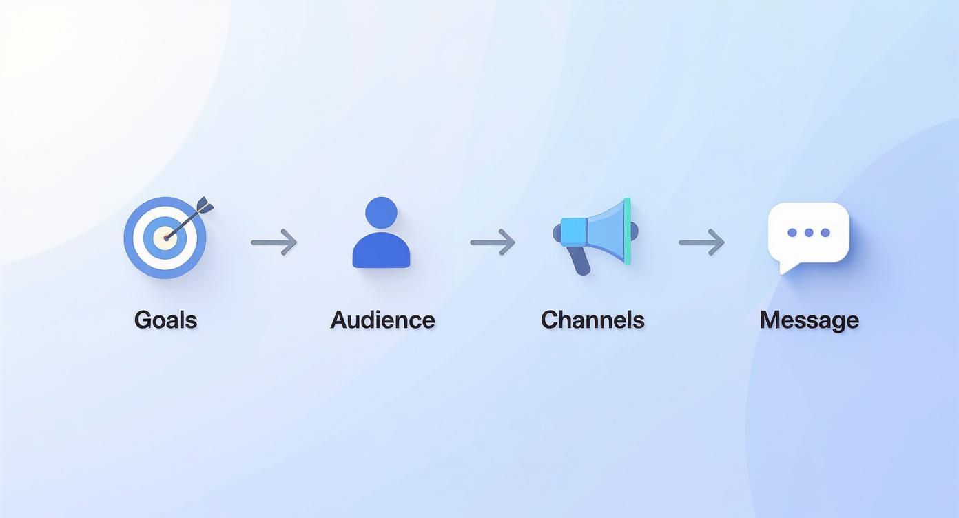 Marketing plan framework showing sequential flow from goals through audience and channels to message