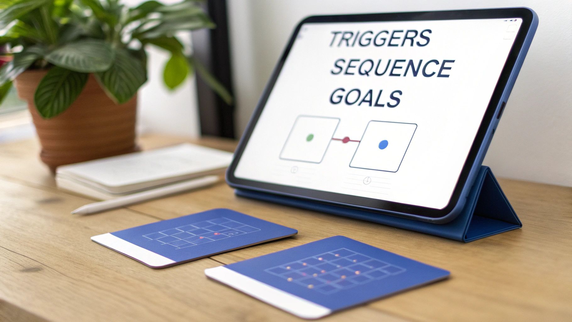 Desk with a tablet displaying a 'TRIGGERS SEQUENCE GOALS' diagram, plant, notebook, and blue cards.