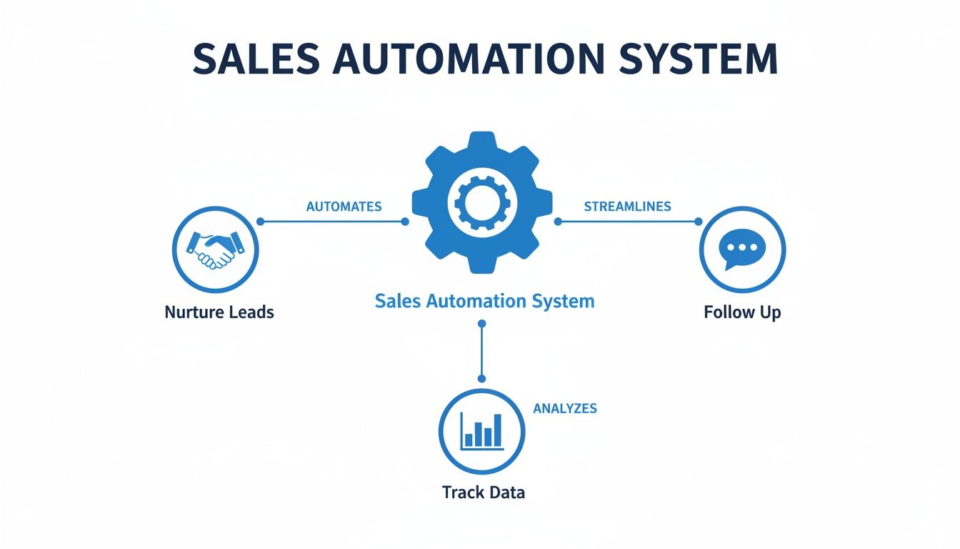Diagram illustrating how a Sales Automation System nurtures leads, streamlines follow-up, and analyzes data.