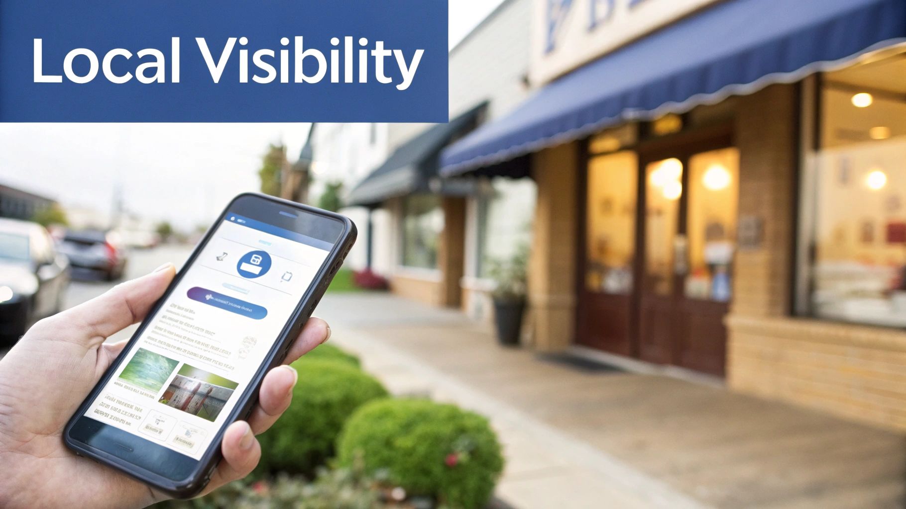 Smartphone showing an app with business listings, enhancing local visibility near storefronts.
