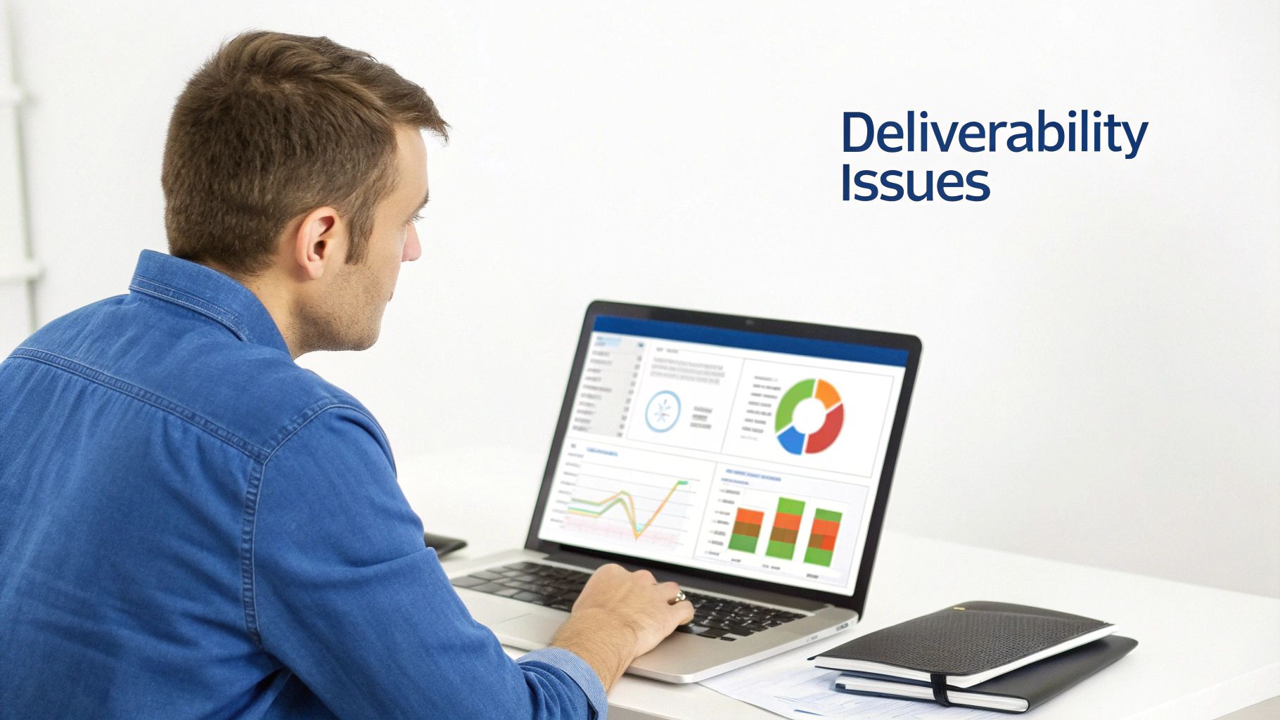 Man reviews email deliverability issues on a laptop with data charts.