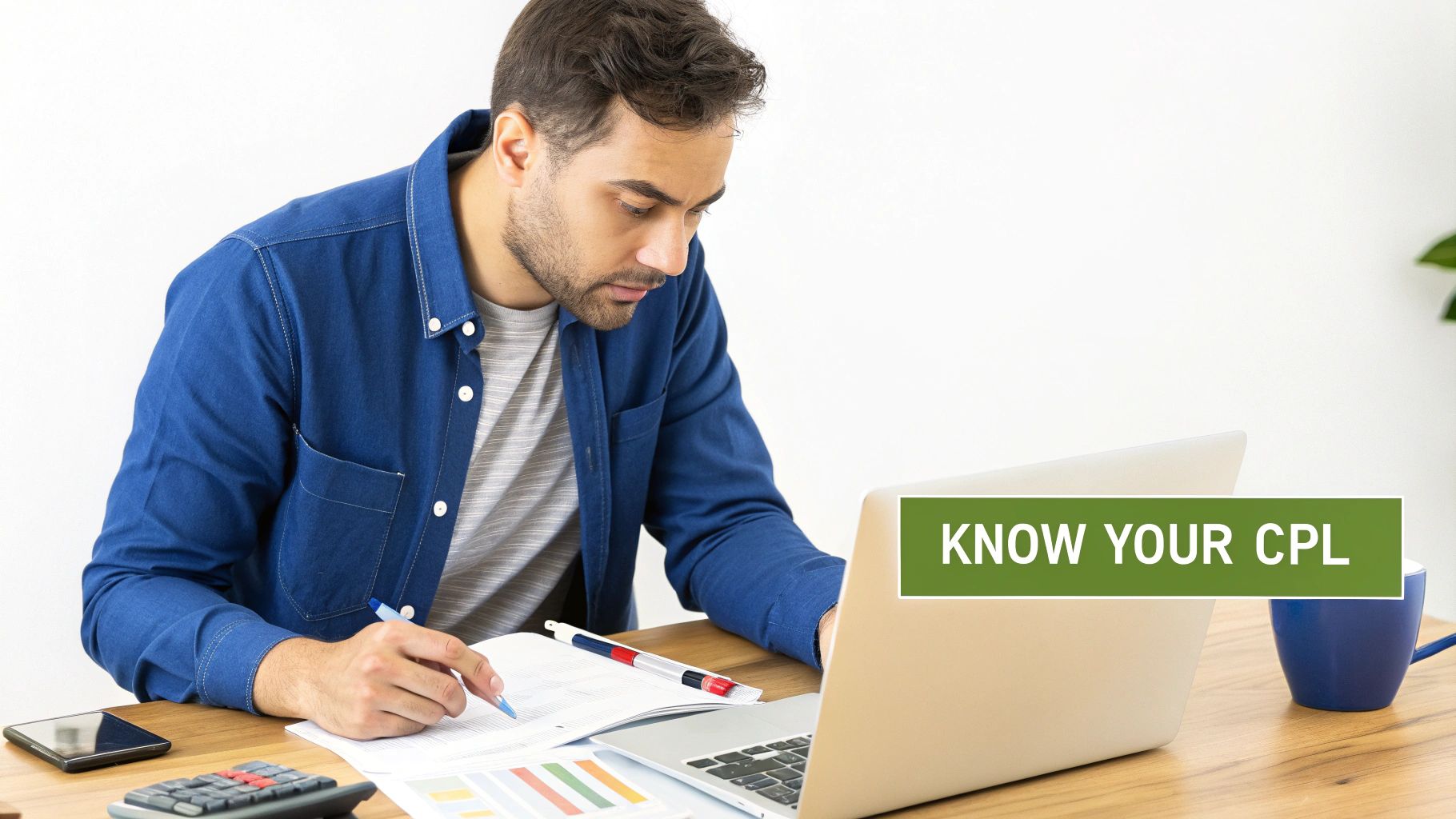 A man intently reviews documents and a laptop, displaying "KNOW YOUR CPL" on the screen.
