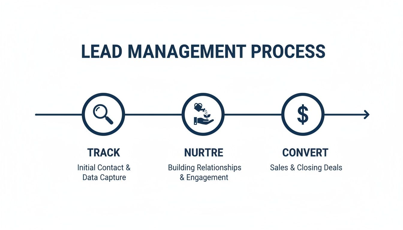 Diagram illustrating the lead management process with three steps: track, nurture, and convert.