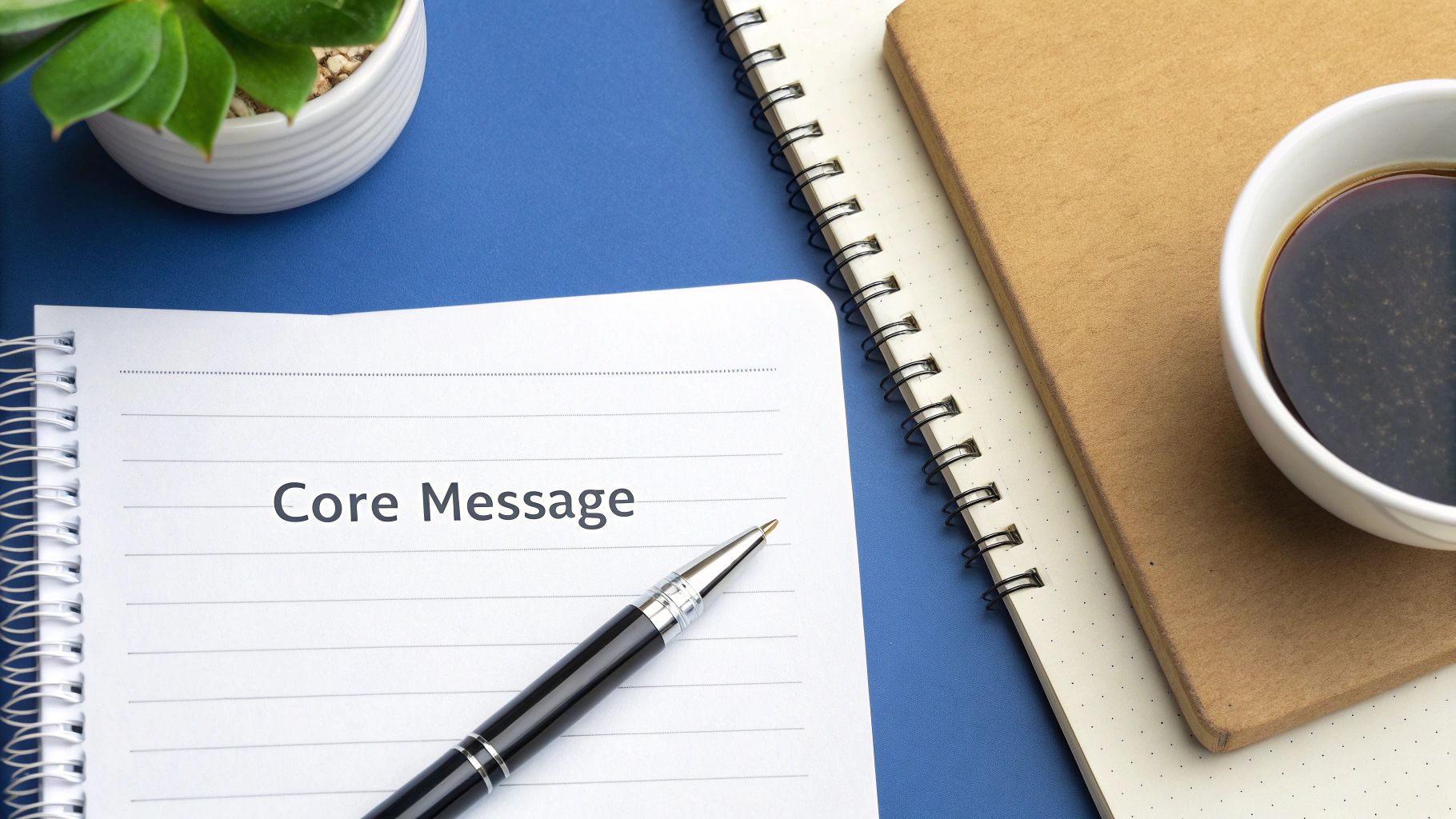 A spiral notebook open to a page with 'Core Message' written, on a blue desk with a pen, plant, and coffee.