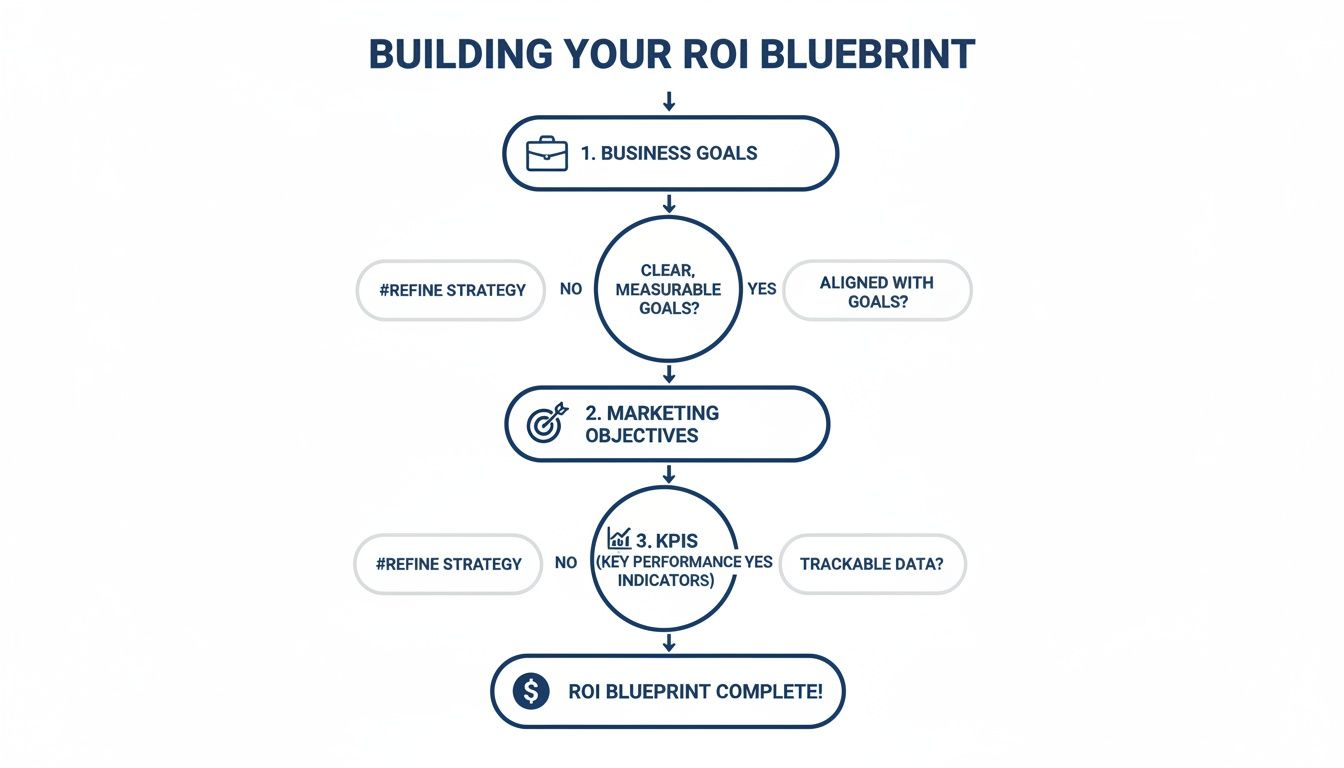 Flowchart illustrating steps to build an ROI blueprint, covering business goals, marketing objectives, and KPIs.