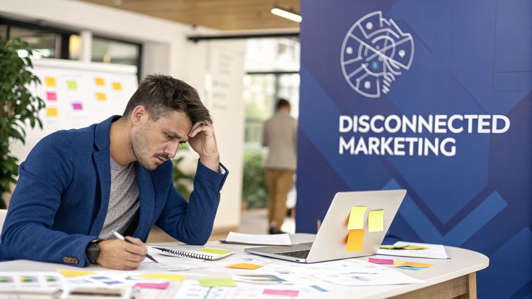 Stressed marketing professional working on disconnected marketing strategy at modern office desk
