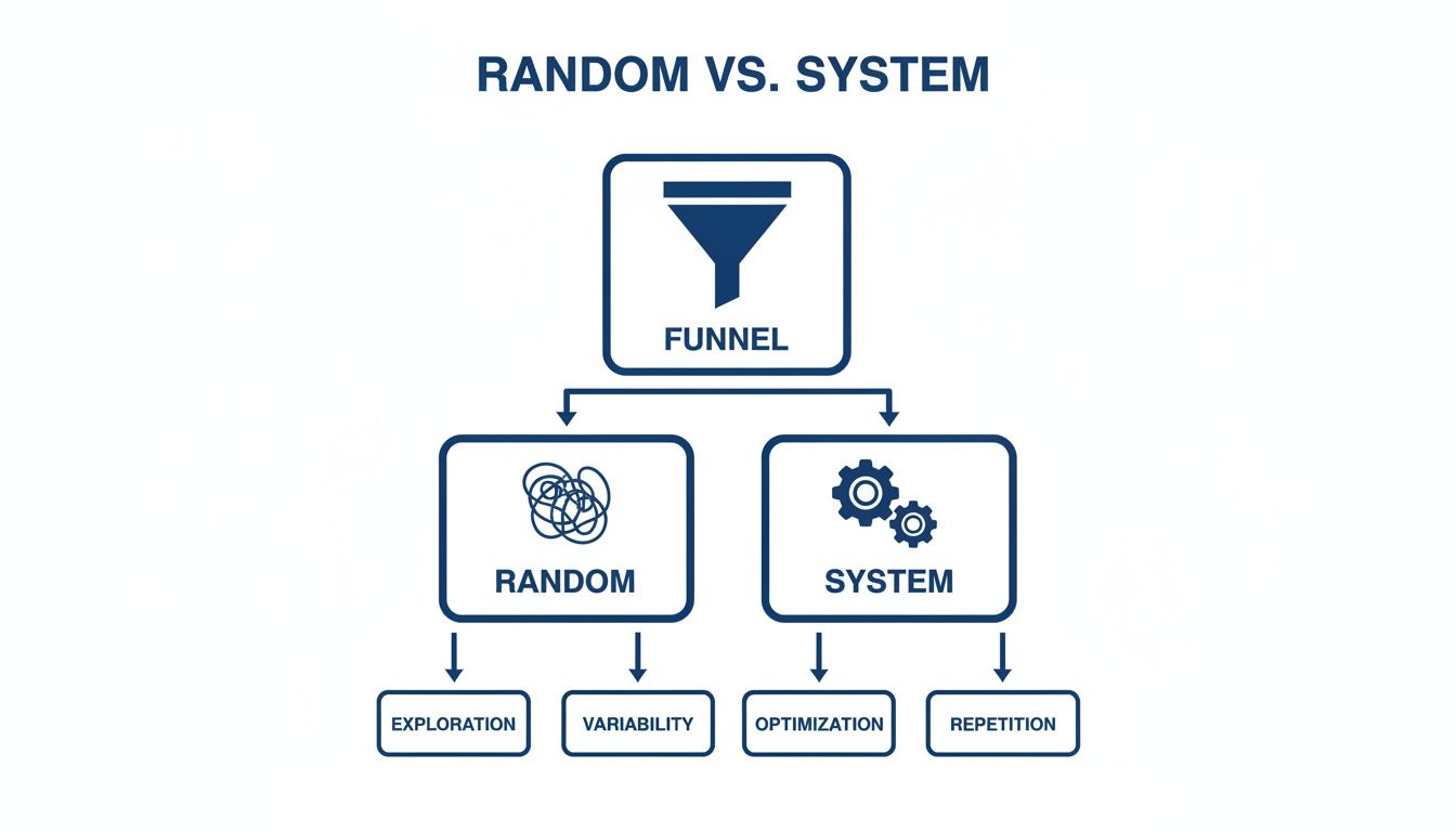 A diagram comparing random and system approaches, showing how a funnel leads to exploration, variability, optimization, and repetition.